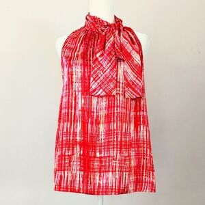 Kate Spade 100% Silk Red + Multiple Color Sleeveless High Neck Side Bow Top Sz S